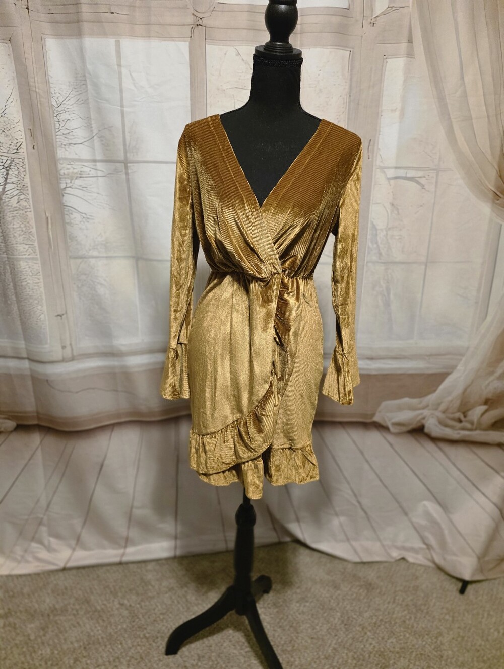 Gold Velvet Wrap Mini Dress - Women
